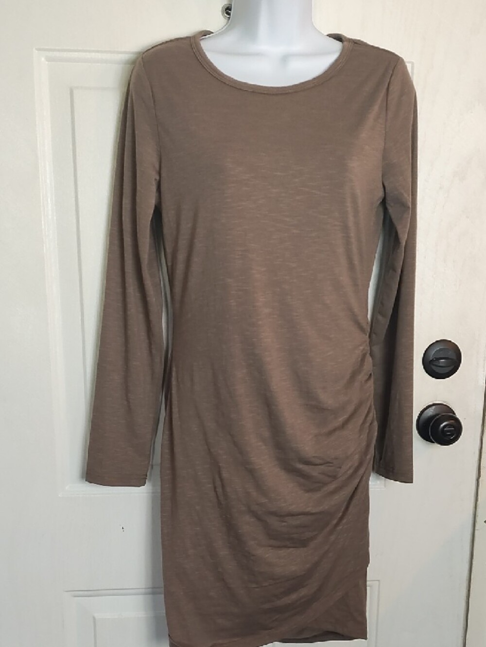 Ruched Long-Sleeve Olive Dress with Overlap Hem - Picture 2 of 13
